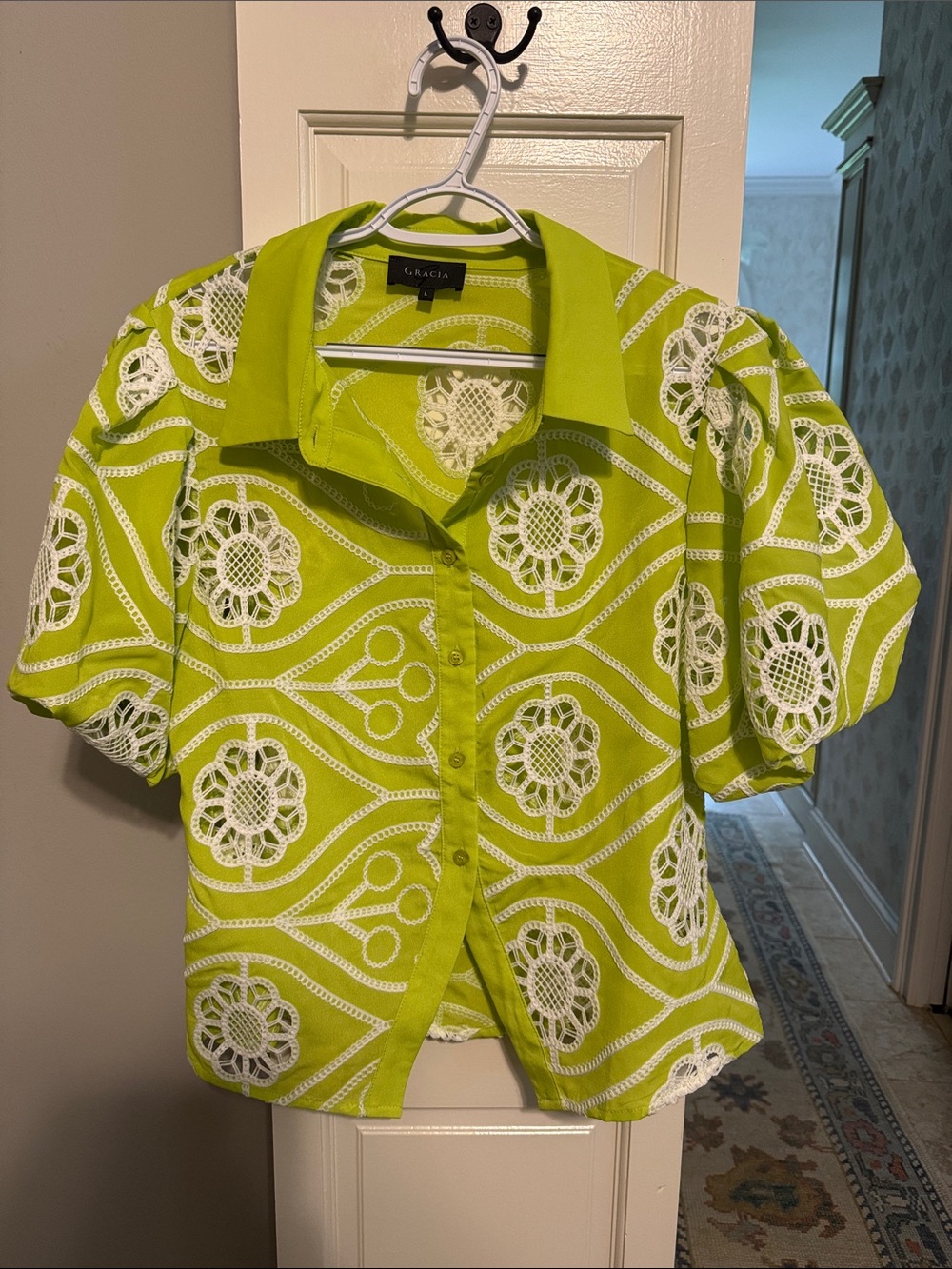 Gracia Lime Green and White Crochet-Accent Button Front Top